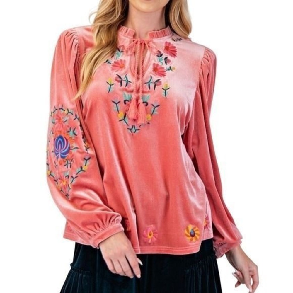 Easel‎ Velvet Pink Embroidered Boho Peasant Top Bishop Sleeve Women Large NWT